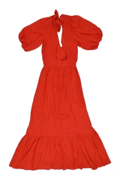 Red linen plunge neck puff sleeve A-line open-back midi dress with adjustable nape tie fastening