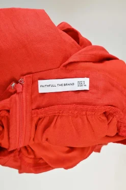 Red linen plunge neck puff sleeve A-line open-back midi dress with adjustable nape tie fastening