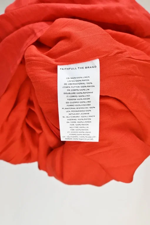 Red linen plunge neck puff sleeve A-line open-back midi dress with adjustable nape tie fastening