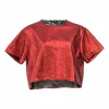 Red metallic foiled polyester crewneck pullover short sleeve crop top
