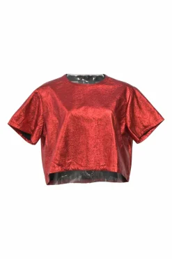 Red metallic foiled polyester crewneck pullover short sleeve crop top