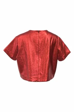 Red metallic foiled polyester crewneck pullover short sleeve crop top