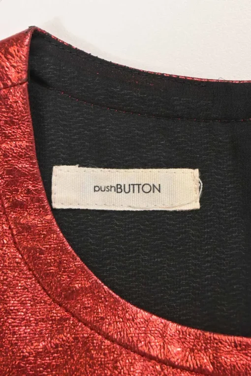 Red metallic foiled polyester crewneck pullover short sleeve crop top