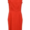 Red polyester-blend crepe square neck Matlock cap sleeve mini sheath dress