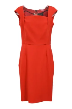 Red polyester-blend crepe square neck Matlock cap sleeve mini sheath dress