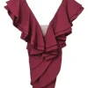Red rayon-blend Jackson flutter sleeve plunge neck mini dress