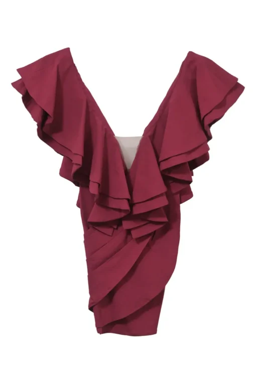 Red rayon-blend Jackson flutter sleeve plunge neck mini dress