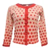 Red rayon-blend polka dot print jersey knit button-front cardigan