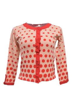 Red rayon-blend polka dot print jersey knit button-front cardigan