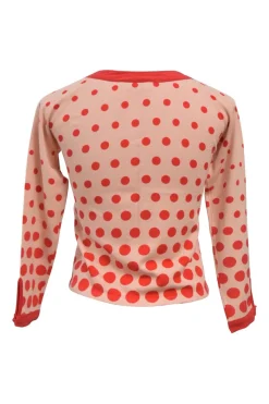 Red rayon-blend polka dot print jersey knit button-front cardigan
