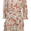 Red ruched cotton novelty strawberry print drop-waist mini dress with flounce sleeves and scalloped tier-ruffle skirt