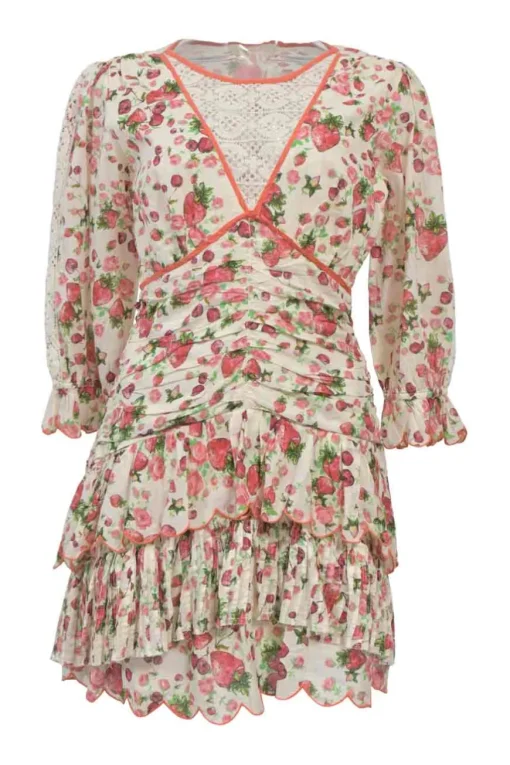 Red ruched cotton novelty strawberry print drop-waist mini dress with flounce sleeves and scalloped tier-ruffle skirt