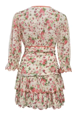 Red ruched cotton novelty strawberry print drop-waist mini dress with flounce sleeves and scalloped tier-ruffle skirt