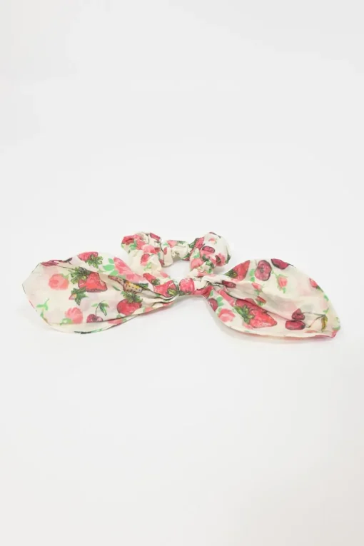 Red ruched cotton novelty strawberry print drop-waist mini dress with flounce sleeves and scalloped tier-ruffle skirt