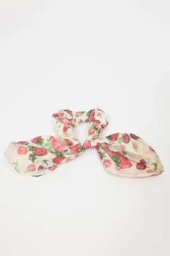 Red ruched cotton novelty strawberry print drop-waist mini dress with flounce sleeves and scalloped tier-ruffle skirt