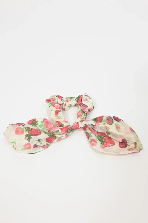 Red ruched cotton novelty strawberry print drop-waist mini dress with flounce sleeves and scalloped tier-ruffle skirt