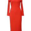 Red ruched polyester blend crepe off-the-shoulder Willow midi dress