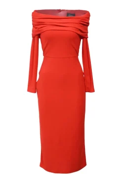Red ruched polyester blend crepe off-the-shoulder Willow midi dress