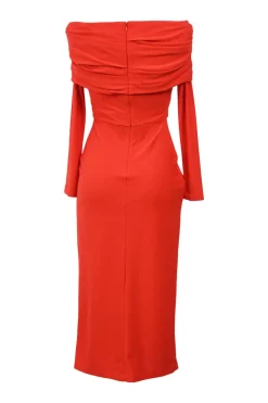 Red ruched polyester blend crepe off-the-shoulder Willow midi dress