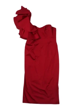 Red satin cotton-blend one-shoulder ruffle bustier sheath dress with corset-style internal boning