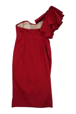 Red satin cotton-blend one-shoulder ruffle bustier sheath dress with corset-style internal boning
