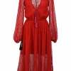 Red semi-sheer layered polyester guipure lace tie-front plunge neck long sleeve peek-a-boo mini dress