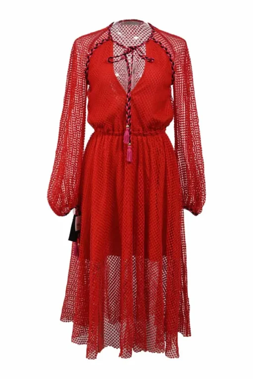 Red semi-sheer layered polyester guipure lace tie-front plunge neck long sleeve peek-a-boo mini dress