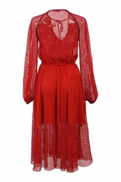Red semi-sheer layered polyester guipure lace tie-front plunge neck long sleeve peek-a-boo mini dress