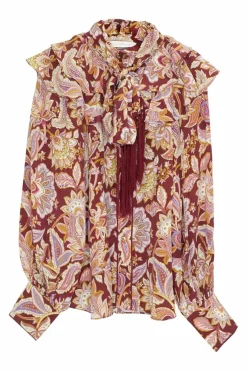 Red silk paisley print fringe pussy-bow blouse