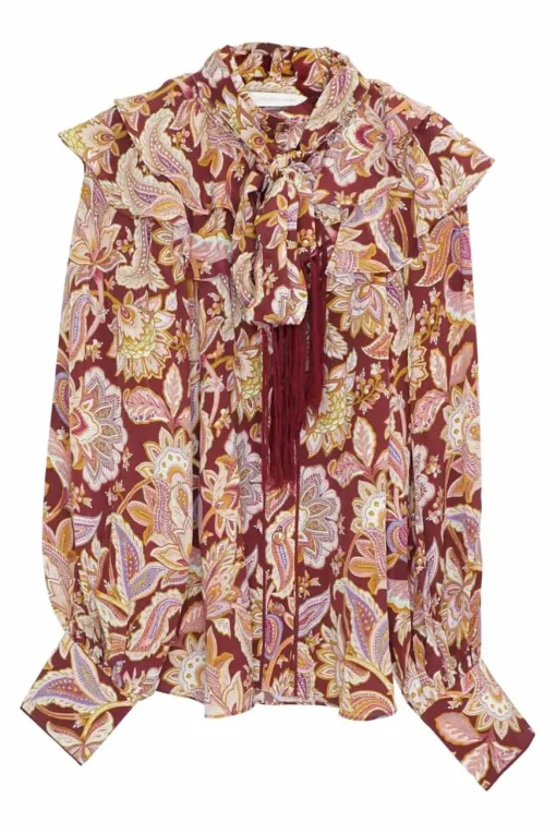 Red silk paisley print fringe pussy-bow blouse