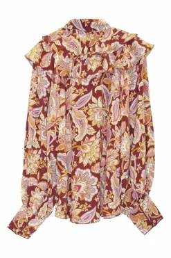 Red silk paisley print fringe pussy-bow blouse