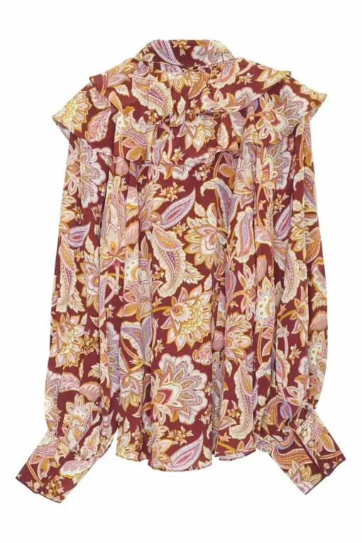 Red silk paisley print fringe pussy-bow blouse