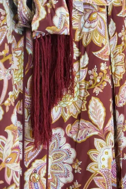 Red silk paisley print fringe pussy-bow blouse