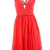 Red sleeveless open neck mini flare dress with crystals embellished on the waist and neckline.