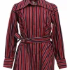 Red striped dagger collar button-front tie-waist shirt