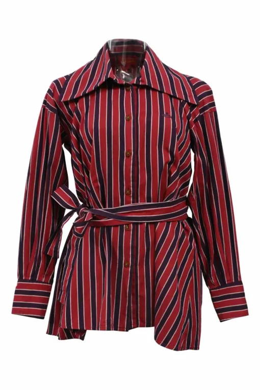Red striped dagger collar button-front tie-waist shirt