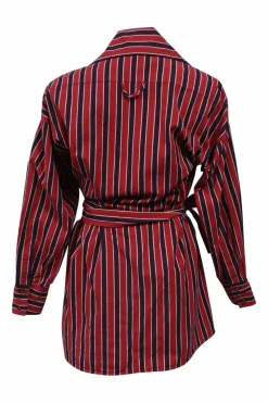 Red striped dagger collar button-front tie-waist shirt