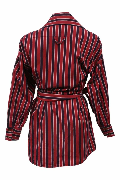 Red striped dagger collar button-front tie-waist shirt
