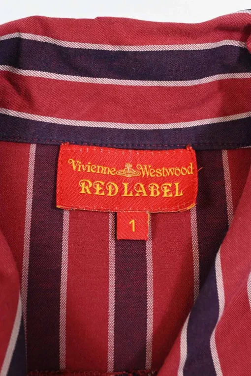 Red striped dagger collar button-front tie-waist shirt