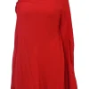Red twist neck georgette convertible cape plissé shift dress