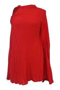 Red twist neck georgette convertible cape plissé shift dress