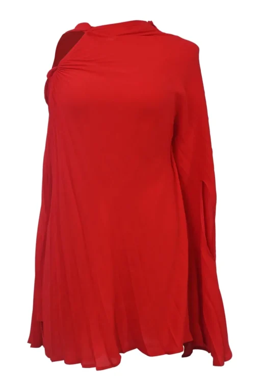 Red twist neck georgette convertible cape plissé shift dress