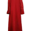 Red virgin wool jewel neck midi shift dress with poet sleeves and floral lace insert
