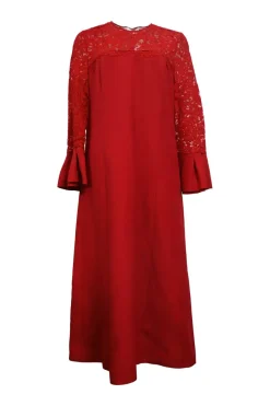 Red virgin wool jewel neck midi shift dress with poet sleeves and floral lace insert