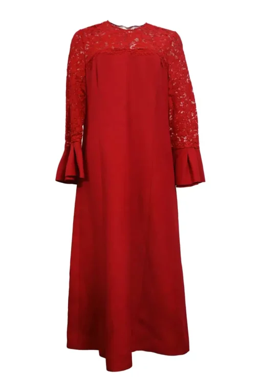 Red virgin wool jewel neck midi shift dress with poet sleeves and floral lace insert
