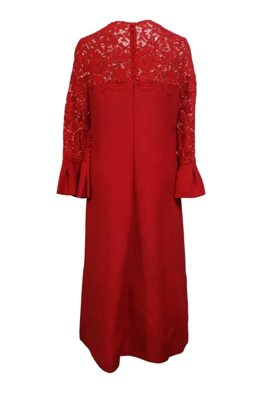 Red virgin wool jewel neck midi shift dress with poet sleeves and floral lace insert