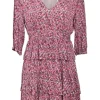 Red viscose ditsy print three-quarter sleeve tiered mini dress
