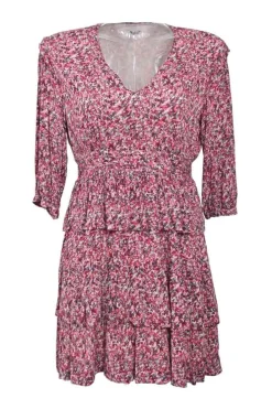 Red viscose ditsy print three-quarter sleeve tiered mini dress