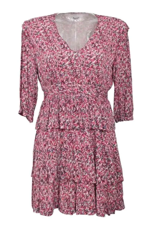 Red viscose ditsy print three-quarter sleeve tiered mini dress