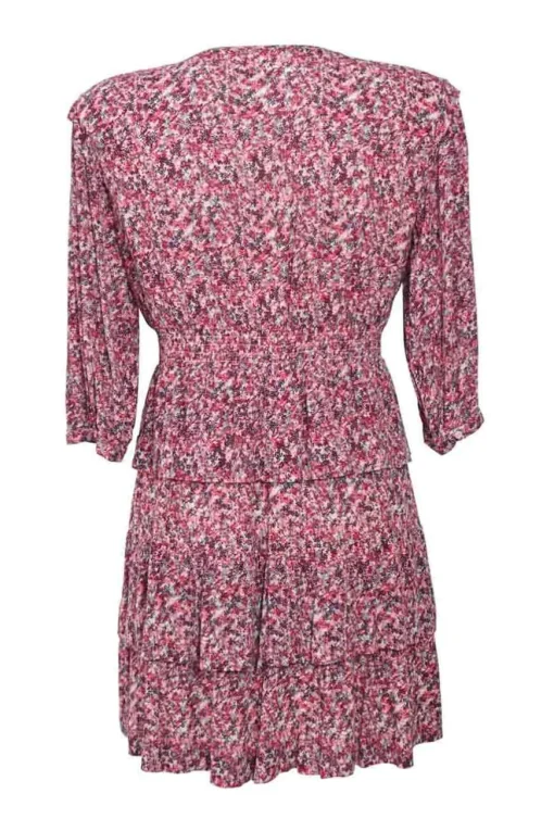 Red viscose ditsy print three-quarter sleeve tiered mini dress